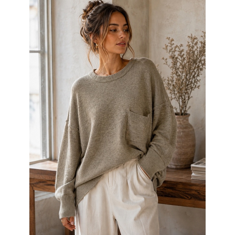 Zenana Women's Large Taupe Oversized Pocket Sweater Drop Shoulder Cozy
